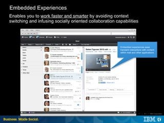 Embedded Experiences
Enables you to work faster and smarter by avoiding context
switching and infusing socially oriented collaboration capabilities




                                                         Embedded experiences ease
                                                         transient interactions with content
                                                         within mail and other applications




                                                                           21 |   © 2012 IBM Corporation
 