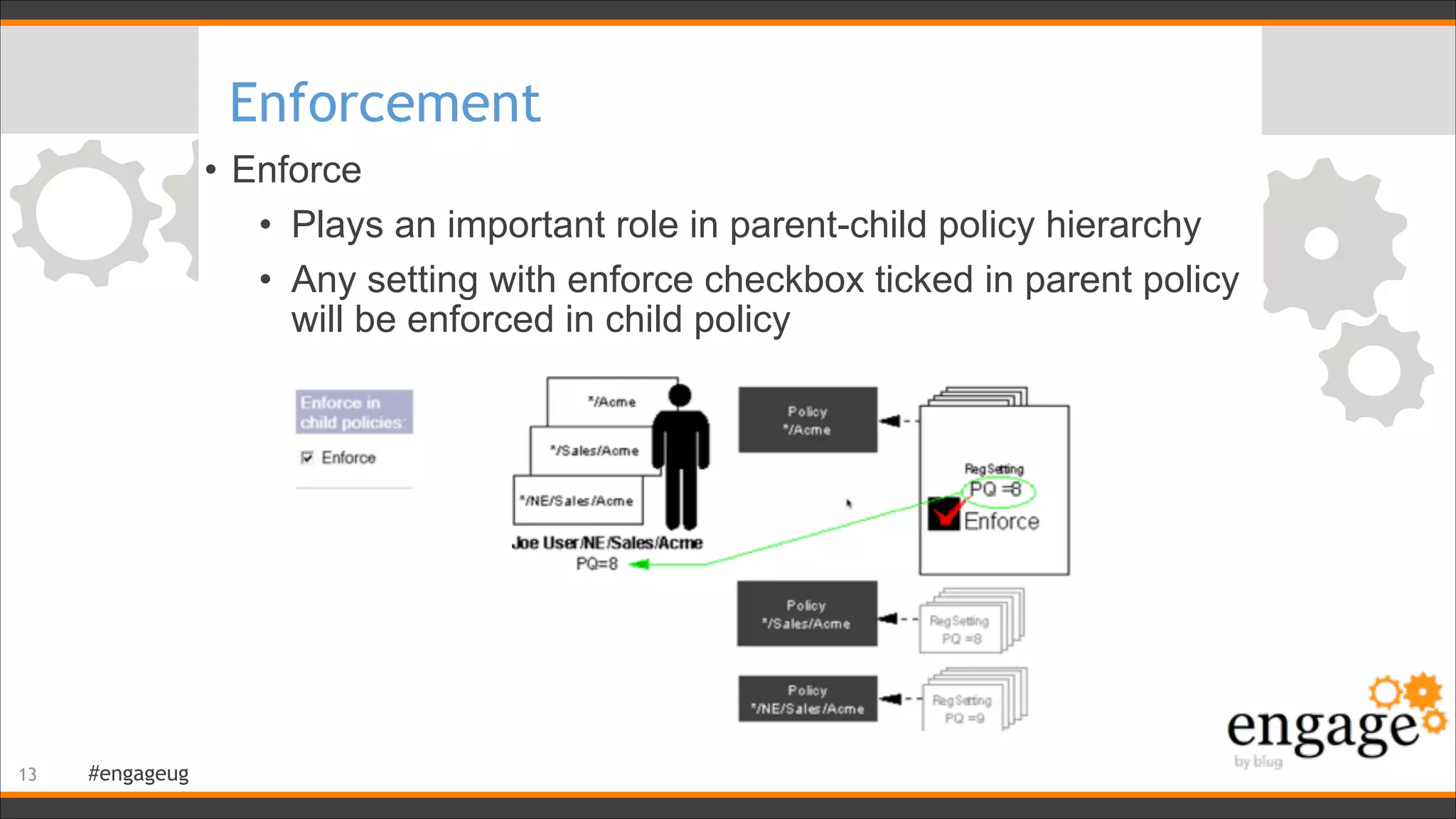 #engageug
Enforcement
• Enforce
• Plays an important role in parent-child policy hierarchy
• Any setting with enforce checkbox ticked in parent policy
will be enforced in child policy
!13
 