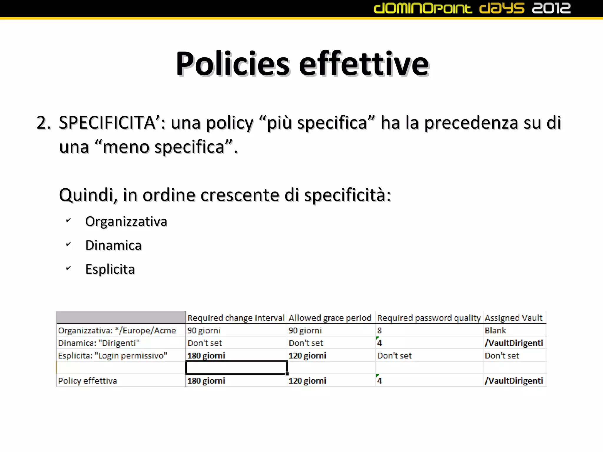 Policies effettive
2. SPECIFICITA’: una policy “più specifica” ha la precedenza su di
   una “meno specifica”.

  Quindi, in ordine crescente di specificità:
   ✔
       Organizzativa
   ✔
       Dinamica
   ✔
       Esplicita
 