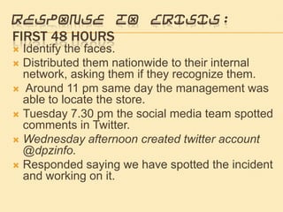 Response to crisis: First 48 HoursIdentify the faces.Distributed them nationwide to their internal network, asking them if they recognize them. Around 11 pm same day the management was able to locate the store. Tuesday 7.30 pm the social media team spotted comments in Twitter.Wednesday afternoon created twitter account @dpzinfo.Responded saying we have spotted the incident and working on it.