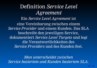 19 / 56
Definition Service Level
Agreement
Ein Service Level Agreement ist
eine Vereinbarung zwischen einem
Service Provider und einem Kunden. Das SLA
beschreibt den jeweiligen Service,
dokumentiert Service Level Targets und legt
die Verantwortlichkeiten des
Service Providers und des Kunden fest.
Man unterscheidet zwischen
Service basiertem und Kunden basiertem SLA.
 