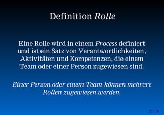 33 / 56
Eine Rolle wird in einem Process definiert
und ist ein Satz von Verantwortlichkeiten,
Aktivitäten und Kompetenzen, die einem
Team oder einer Person zugewiesen sind.
Einer Person oder einem Team können mehrere
Rollen zugewiesen werden.
Definition Rolle
 