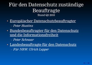 51 / 56
Für den Datenschutz zuständige
Beauftragte
Stand Q3 2010
• Europäischer Datenschutzbeauftragter
– Peter Hustinx
• Bundesbeauftragter für den Datenschutz
und die Informationsfreiheit
– Peter Schnaar
• Landesbeauftragte für den Datenschutz
– Für NRW: Ulrich Lepper
 