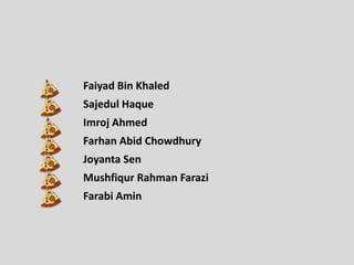 Faiyad Bin Khaled 
Sajedul Haque 
Imroj Ahmed 
Farhan Abid Chowdhury 
Joyanta Sen 
Mushfiqur Rahman Farazi 
Farabi Amin 
 