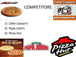 COMPETITORS
1) Little Caesar’s
2) Papa John’s
3) Pizza Hut
 