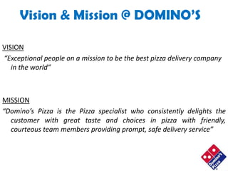 Vision & Mission @ DOMINO’S

VISION
“Exceptional people on a mission to be the best pizza delivery company
   in the world”



MISSION
“Domino’s Pizza is the Pizza specialist who consistently delights the
  customer with great taste and choices in pizza with friendly,
  courteous team members providing prompt, safe delivery service”
 