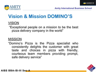 Amity International Business School
Vision & Mission DOMINO’S
VISION
“Exceptional people on a mission to be the best
pizza delivery company in the world”
MISSION
“Domino’s Pizza is the Pizza specialist who
consistently delights the customer with great
taste and choices in pizza with friendly,
courteous team members providing prompt,
safe delivery service”
AIBS BBA-IB-III Sec-A
 