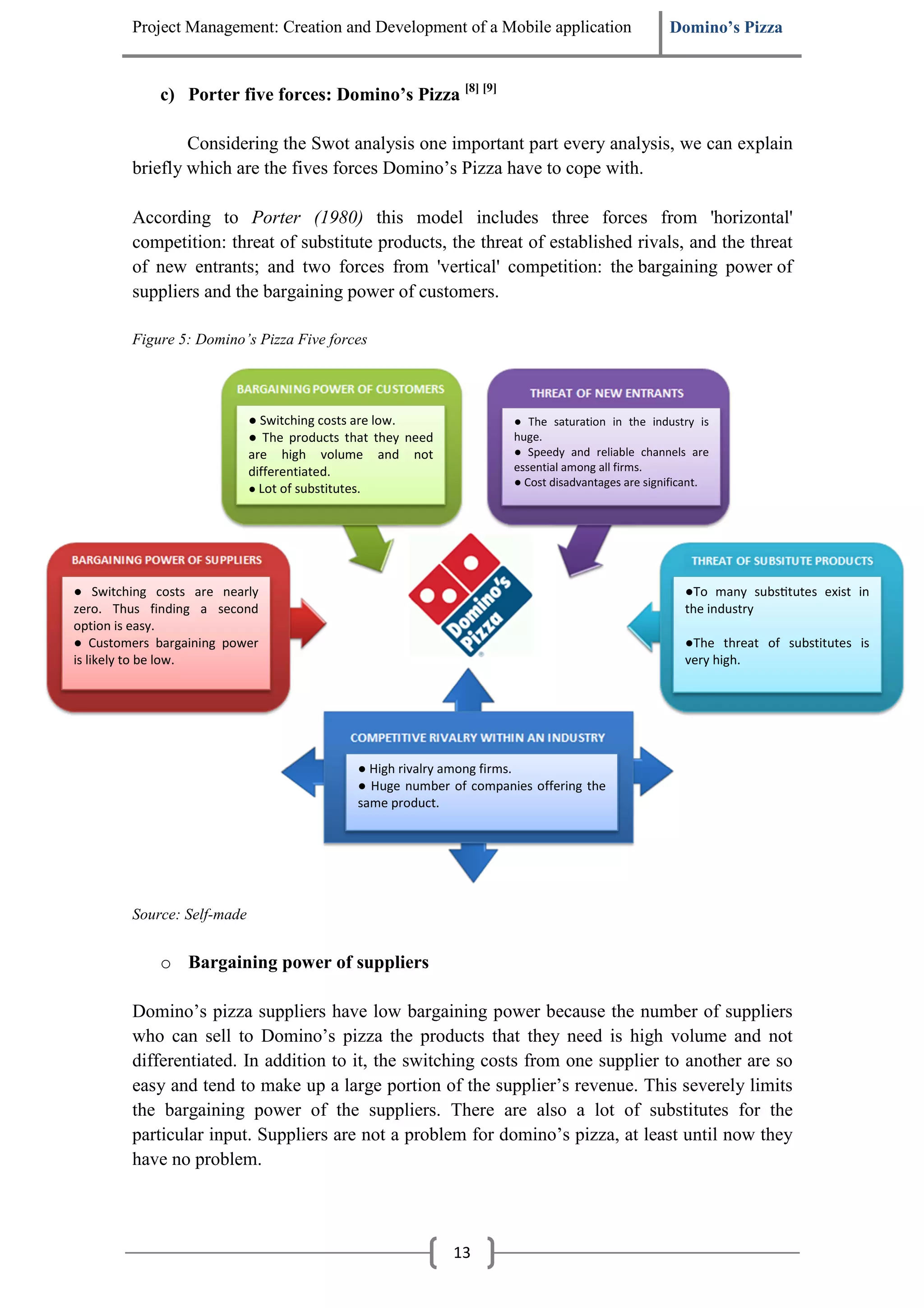 Project Management: Creation and Development of a Mobile application                      Domino’s Pizza


             c) Porter five forces: Domino’s Pizza [8] [9]

                Considering the Swot analysis one important part every analysis, we can explain
        briefly which are the fives forces Domino’s Pizza have to cope with.

        According to Porter (1980) this model includes three forces from 'horizontal'
        competition: threat of substitute products, the threat of established rivals, and the threat
        of new entrants; and two forces from 'vertical' competition: the bargaining power of
        suppliers and the bargaining power of customers.

        Figure 5: Domino’s Pizza Five forces




                            ● Switching costs are low.               ● The saturation in the industry is
                            ● The products that they need            huge.
                            are high volume and not                  ● Speedy and reliable channels are
                            differentiated.                          essential among all firms.
                                                                     ● Cost disadvantages are significant.
                            ● Lot of substitutes.




● Switching costs are nearly                                                                         ●To many subsƟtutes exist in
zero. Thus finding a second                                                                          the industry
option is easy.
● Customers bargaining power                                                                         ●The threat of substitutes is
is likely to be low.                                                                                 very high.




                                             ● High rivalry among firms.
                                             ● Huge number of companies offering the
                                             same product.




        Source: Self-made


             o Bargaining power of suppliers

        Domino’s pizza suppliers have low bargaining power because the number of suppliers
        who can sell to Domino’s pizza the products that they need is high volume and not
        differentiated. In addition to it, the switching costs from one supplier to another are so
        easy and tend to make up a large portion of the supplier’s revenue. This severely limits
        the bargaining power of the suppliers. There are also a lot of substitutes for the
        particular input. Suppliers are not a problem for domino’s pizza, at least until now they
        have no problem.



                                                            13
 