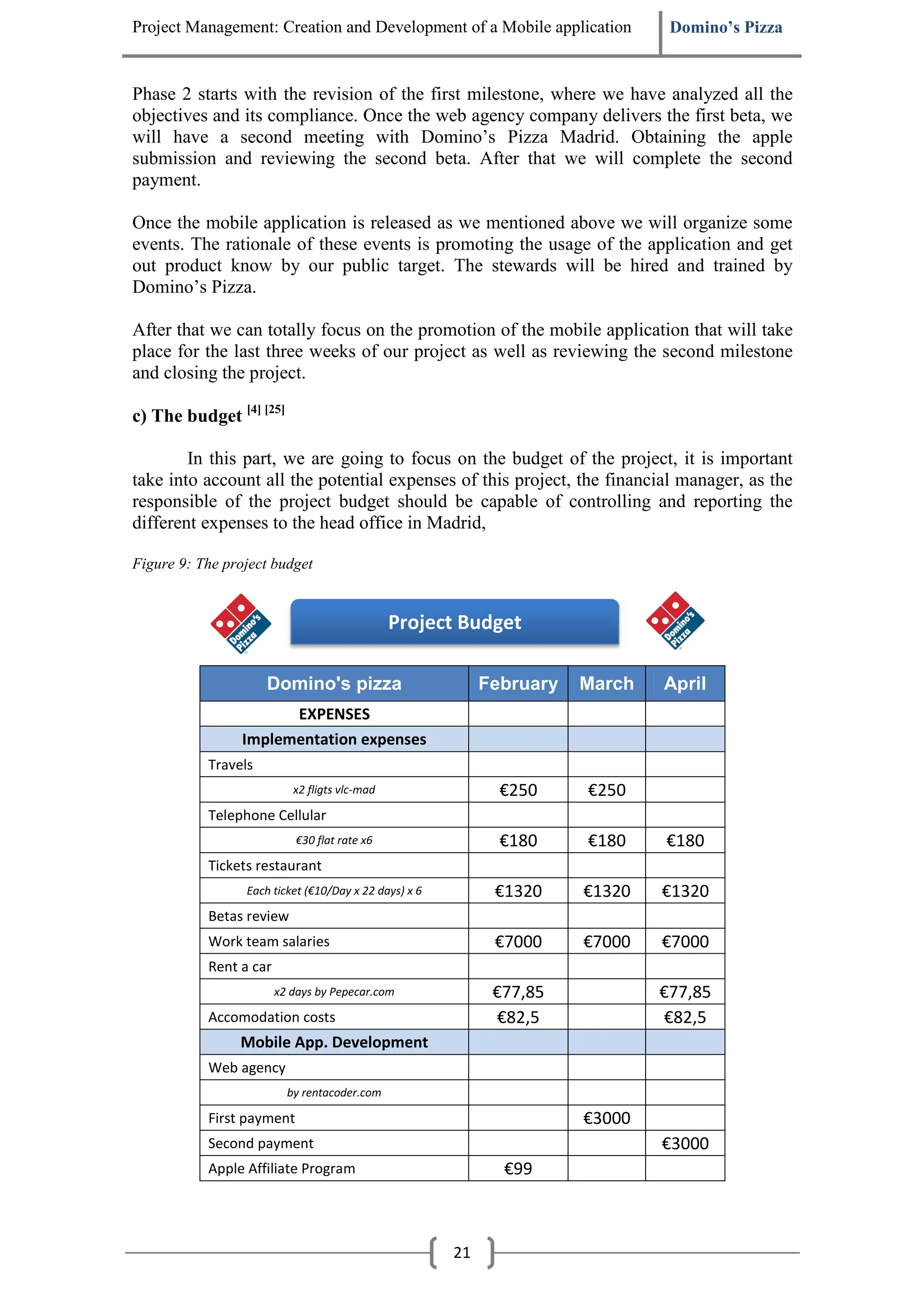 Project Management: Creation and Development of a Mobile application            Domino’s Pizza


Phase 2 starts with the revision of the first milestone, where we have analyzed all the
objectives and its compliance. Once the web agency company delivers the first beta, we
will have a second meeting with Domino’s Pizza Madrid. Obtaining the apple
submission and reviewing the second beta. After that we will complete the second
payment.

Once the mobile application is released as we mentioned above we will organize some
events. The rationale of these events is promoting the usage of the application and get
out product know by our public target. The stewards will be hired and trained by
Domino’s Pizza.

After that we can totally focus on the promotion of the mobile application that will take
place for the last three weeks of our project as well as reviewing the second milestone
and closing the project.

c) The budget [4] [25]

        In this part, we are going to focus on the budget of the project, it is important
take into account all the potential expenses of this project, the financial manager, as the
responsible of the project budget should be capable of controlling and reporting the
different expenses to the head office in Madrid,

Figure 9: The project budget


                                               Project Budget

                     Domino's pizza                         February   March   April
                       EXPENSES
                 Implementation expenses
           Travels
                           x2 fligts vlc-mad                  €250     €250
           Telephone Cellular
                           €30 flat rate x6                   €180     €180    €180
           Tickets restaurant
                 Each ticket (€10/Day x 22 days) x 6         €1320     €1320   €1320
           Betas review
           Work team salaries                                €7000     €7000   €7000
           Rent a car
                        x2 days by Pepecar.com               €77,85            €77,85
           Accomodation costs                                €82,5             €82,5
                Mobile App. Development
           Web agency
                          by rentacoder.com

           First payment                                               €3000
           Second payment                                                      €3000
           Apple Affiliate Program                            €99



                                                       21
 