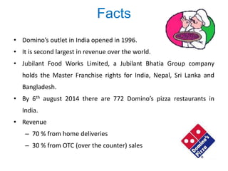 Facts
• Domino’s outlet in India opened in 1996.
• It is second largest in revenue over the world.
• Jubilant Food Works Limited, a Jubilant Bhatia Group company
holds the Master Franchise rights for India, Nepal, Sri Lanka and
Bangladesh.
• By 6th august 2014 there are 772 Domino’s pizza restaurants in
India.
• Revenue
– 70 % from home deliveries
– 30 % from OTC (over the counter) sales
 