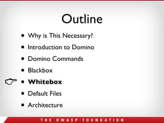 Outline Why is This Necessary? Introduction to Domino Domino Commands Blackbox Whitebox Default Files Architecture 