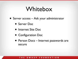 Whitebox Server access – Ask your administrator Server Doc Internet Site Doc Configuration Doc Person Docs – Internet passwords are secure 