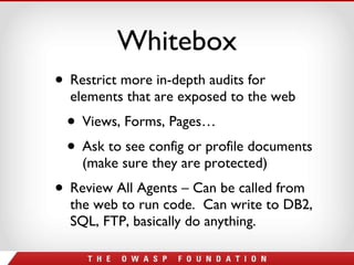 Whitebox Restrict more in-depth audits for elements that are exposed to the web Views, Forms, Pages… Ask to see config or profile documents (make sure they are protected) Review All Agents – Can be called from the web to run code.  Can write to DB2, SQL, FTP, basically do anything. 