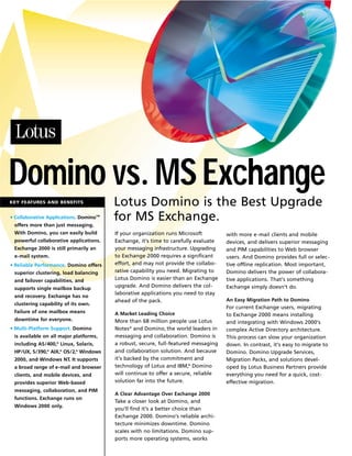 Domino vs. MS Exchange
                                        Lotus Domino is the Best Upgrade
KEY FEATURES AND BENEFITS


                                        for MS Exchange.
• Collaborative Applications. Domino™
 offers more than just messaging.
 With Domino, you can easily build      If your organization runs Microsoft         with more e-mail clients and mobile
 powerful collaborative applications.   Exchange, it's time to carefully evaluate   devices, and delivers superior messaging
                                        your messaging infrastructure. Upgrading
 Exchange 2000 is still primarily an                                                and PIM capabilities to Web browser
                                        to Exchange 2000 requires a significant
 e-mail system.                                                                     users. And Domino provides full or selec-
                                        effort, and may not provide the collabo-    tive offline replication. Most important,
• Reliable Performance. Domino offers
                                        rative capability you need. Migrating to    Domino delivers the power of collabora-
 superior clustering, load balancing
                                        Lotus Domino is easier than an Exchange     tive applications. That's something
 and failover capabilities, and
                                        upgrade. And Domino delivers the col-       Exchange simply doesn't do.
 supports single mailbox backup
                                        laborative applications you need to stay
 and recovery. Exchange has no
                                                                                    An Easy Migration Path to Domino
                                        ahead of the pack.
 clustering capability of its own.
                                                                                    For current Exchange users, migrating
 Failure of one mailbox means           A Market Leading Choice                     to Exchange 2000 means installing
 downtime for everyone.                 More than 68 million people use Lotus       and integrating with Windows 2000's
• Multi-Platform Support. Domino        Notes® and Domino, the world leaders in     complex Active Directory architecture.
                                        messaging and collaboration. Domino is
 is available on all major platforms,                                               This process can slow your organization
                                        a robust, secure, full-featured messaging
 including AS/400,® Linux, Solaris,                                                 down. In contrast, it's easy to migrate to
                                        and collaboration solution. And because
 HP/UX, S/390,® AIX,® OS/2,® Windows                                                Domino. Domino Upgrade Services,
                                        it's backed by the commitment and           Migration Packs, and solutions devel-
 2000, and Windows NT It supports
                     .
                                        technology of Lotus and IBM,® Domino        oped by Lotus Business Partners provide
 a broad range of e-mail and browser
                                        will continue to offer a secure, reliable   everything you need for a quick, cost-
 clients, and mobile devices, and
                                        solution far into the future.               effective migration.
 provides superior Web-based
 messaging, collaboration, and PIM
                                        A Clear Advantage Over Exchange 2000
 functions. Exchange runs on
                                        Take a closer look at Domino, and
 Windows 2000 only.
                                        you'll find it's a better choice than
                                        Exchange 2000. Domino's reliable archi-
                                        tecture minimizes downtime. Domino
                                        scales with no limitations. Domino sup-
                                        ports more operating systems, works
 