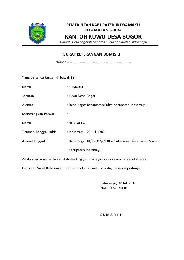 Contoh Surat Keterangan Domisili Madrasah - Surat F