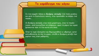 Το παράδειγμα του πάγου
Σε ένα κομμάτι πάγου οι δυνάμεις συνοχής είναι πολύ μεγάλες
και αυτό το διαπιστώνει κανείς, όταν προσπαθεί να σπάσει ένα
παγάκι.
Οι δυνάμεις συνοχής είναι πολύ μικρότερες, όταν το παγάκι
λιώσει, αλλά συνεχίζουν να υπάρχουν, αφού τα μόρια του νερού
βρίσκονται πάλι το ένα κοντά στο άλλο.
Όταν το νερό εξατμιστεί και δημιουργηθούν οι υδρατμοί, αυτοί
κατευθύνονται σε όλο το χώρο, επειδή οι δυνάμεις μεταξύ των
μορίων τους είναι μηδαμινές.
 