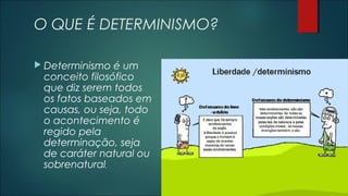 O QUE É DETERMINISMO?
 Determinismo é um
conceito filosófico
que diz serem todos
os fatos baseados em
causas, ou seja, todo
o acontecimento é
regido pela
determinação, seja
de caráter natural ou
sobrenatural.
 