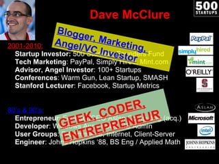 Dave McClure 2001-2010: Startup Investor:  500 Startups, Founders Fund Tech Marketing : PayPal, Simply Hired, Mint.com Advisor, Angel Investor : 100+ Startups Conferences :   Warm Gun, Lean Startup, SMASH Stanford Lecturer : Facebook, Startup Metrics 80 ’s & 90’s: Entrepreneur : Founder/CEO Aslan Computing (acq.) Developer : Windows Apps / SQL DB Admin User Groups : E-Commerce, Internet, Client-Server Engineer : Johns Hopkins  ‘88, BS Eng / Applied Math GEEK, CODER, ENTREPRENEUR Blogger, Marketing,  Angel/VC Investor 