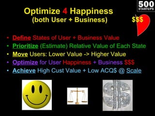 Optimize  4  Happiness  (both User + Business) Define  States of User + Business Value Prioritize   (Estimate) Relative Value of Each State Move   Users: Lower Value -> Higher Value Optimize  for User  Happiness  + Business  $$$ Achieve   High Cust Value + Low ACQ$ @  Scale $$$ 