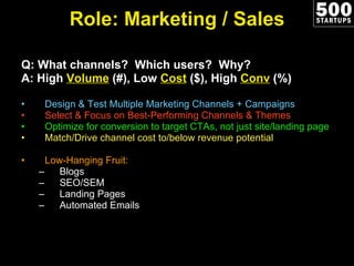 Role: Marketing / Sales Q: What channels?  Which users?  Why? A: High  Volume  (#), Low  Cost  ($), High  Conv  (%) Design & Test Multiple Marketing Channels + Campaigns Select & Focus on Best-Performing Channels & Themes Optimize for conversion to target CTAs, not just site/landing page Match/Drive channel cost to/below revenue potential Low-Hanging Fruit:  Blogs SEO/SEM Landing Pages Automated Emails 