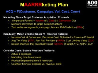 M AARRR keting Plan Marketing Plan = Target Customer Acquisition Channels 3 Important Factors =  Volume  (#),  Cost  ($),  Conversion  (%) Measure conversion to target customer actions Test audience segments, campaign themes, Call-To-Action ( CTA s)  [Gradually] Match Channel Costs =>  Revenue Potential  Increase Vol. & Conversion, Decrease Cost, Optimize for Revenue Potential Avg Txn Value ( ATV ), Ann Rev Per User ( ARPU ), Cust Lifetime Value ( CLV ) Design channels that (eventually) cost  <20-50%  of target ATV, ARPU, CLV Consider Costs, Scarce Resource Tradeoffs Actual $ expenses Marketing time & resources Product/Engineering time & resources Cashflow timing of expense vs. revenue, profit ACQ = F(Customer, Campaign, Vol, Cost, Conv) 
