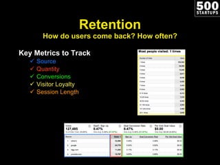 Retention How do users come back? How often? Key Metrics to Track Source Quantity Conversions Visitor Loyalty Session Length 