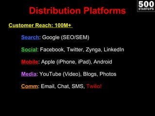 Distribution Platforms Customer Reach: 100M+  Search : Google (SEO/SEM) Social : Facebook, Twitter, Zynga, LinkedIn Mobile : Apple (iPhone, iPad), Android Media : YouTube (Video), Blogs, Photos Comm : Email, Chat, SMS,  Twilio! 