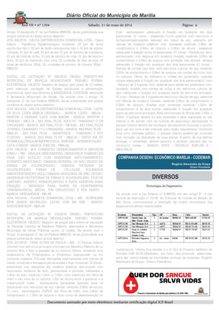 AnoAnoAnoAno VIIVIIVIIVII • nº• nº• nº• nº 1704170417041704 Sábado, 21 de maio de 2016Sábado, 21 de maio de 2016Sábado, 21 de maio de 2016Sábado, 21 de maio de 2016 Página:Página:Página:Página:
DDDDooooccccuuuummmmeeeennnnttttoooo aaaassssssssiiiinnnnaaaaddddoooo ppppoooorrrr mmmmeeeeiiiioooo eeeelllleeeettttrrrrôôôônnnniiiiccccoooo mmmmeeeeddddiiiiaaaannnntttteeee cccceeeerrrrttttiiiiffffiiiiccccaaaaççççããããoooo ddddiiiiggggiiiittttaaaallll IIIICCCCPPPP----BBBBrrrraaaassssiiiillll
6666
Artigo 15 parágrafo 2º da Lei Federal 8666/93, dá-se publicidade aos
preços unitários do objeto acima descrito:
ATA 200/2016 - DELTA DISTRIBUIDORA COMERCIAL LTDA - Cesta
básica - Vigilância Epidemiológica contendo: 02 pct de arroz
agulhinha tipo I, 02 pct de feijão carioquinha tipo I, 02 pct de açúcar
refinado, 01 pct de café, 01 pct de sal, 01 pct de farinha de mandioca,
01 pct de fubá de milho, 01 pct de farinha de trigo, 01 pct de biscoito
doce, 02 pct de macarrão com ovos, 02 unidades de óleo de soja, 02
latas de sardinha 125gr, 02 unidades de extrato de tomate 350gr -
R$92,00.
EDITAL DE LICITAÇÃO Nº 093/2016 ÓRGÃO: PREFEITURA
MUNICIPAL DE MARILIA MODALIDADE: PREGÃO. FORMA:
ELETRÔNICA. OBJETO: Registro de preços, pelo prazo de 12 meses,
para eventual aquisição de fraldas geriátricas e alimentação
enteral/oral, para atendimento a MANDADOS JUDICIAIS, destinada
à Secretaria Municipal da Saúde. De acordo com o Artigo 15
parágrafo 2º da Lei Federal 8666/93, dá-se publicidade aos preços
unitários do objeto acima descrito:
ATA 183/2016 - DELTA DISTRIBUIDORA COMERCIAL LTDA - LEITE
DE SOJA LÍDER [SABOR ORIGINAL]. - MARCA: LIDER - R$5,04 -
NESTON 3 CEREAIS. LATA COM 400GRS - MARCA: NESTON 3
CEREAIS - R$12,16 - BIG FRAL PLUS, ADULTO, TAMANHO G (08
UNIDADES) - MARCA: BIG FRAL PLUS - R$19,80 - BIG FRAL PLUS,
JUVENIL, TAMANHO J (11 UNIDADES) - MARCA: BIG FRAL PLUS -
R$20,20 - BIG FRAL PLUS - GERIATRICA - TAMANHO P PCT
C/10UND - MARCA: BIG FRAL PLUS - R$20,20 - DIETA EM PÓ
NORMOCALÓRICA/NOMOPROTEICA- ENSURE - APRESENTAÇÃO :
LATA C/400GR - MARCA: ENSURE - R$45,45.
ATA 184/2016 - M.F. COMERCIO, GERENCIAMENTO E SERVIÇOS
EIRELI – ME - FRALDA DESCARATVEL GERIATRICA TAMNHO EG
PARA USO ADULTO COM BARREIRAS ANTI-VASAMENTO,
FORMATO ANATOMICO, CAMADA INTERNA DE NÃO TECIDO DE
FIBRAS DE POLIPROPILENO, CAMADA EXTERNA DE
POLIPROPILENO, FIBRAS DE CELULOSE, POLIMEROS
ABSORVENTES[DRY GELL] CAMADA ADICIONAL DE NÃO TECIDO,
BARREIRAS PROTETORAS DE FIBRAS E POLIPROPILENO, FIOS DE
LASTANO, ADESIVO TERMOPLASTICO E FIATS ADESIVAS PARA
FIXAÇÃO - INDICADO PARA CASOS DE ICONTINENCIA
URINÁRIA/FECAL MÉDIA, PÓS OPERATORIO E PÓS PARTO. -
MARCA: DESCARPACK - R$1,66.
ATA 185/2016 - PLANETA COMERCIAL LTDA – ME - SUSTAGEM
KIDS [SABOR BAUNILHA]. LATAS COM 380 GRS - MARCA:
SUSTAGEM KIDS - R$25,89.
EDITAL DE LICITAÇÃO Nº 103/2016 ÓRGÃO: PREFEITURA
MUNICIPAL DE MARILIA MODALIDADE: PREGÃO. FORMA:
ELETRÔNICA. OBJETO: Registro de preços para eventual aquisição
de Parques Infantis de Madeira Plástica, destinados a Secretaria
Municipal de Obras Públicas, prazo 12 meses. De acordo com o
Artigo 15 parágrafo 2º da Lei Federal 8666/93, dá-se publicidade aos
preços unitários do objeto acima descrito:
ATA 201/2016 - VERA ALVES DE PAULA – ME - 01 Parque infantil
colorido com estrutura principal (colunas) em Madeira Plástica de no
mínimo 9cm x 9cm e paredes de no mínimo 20mm, revestido com
acabamento de Polipropileno e Polietileno pigmentado na cor
imitando madeira. Colunas reforçadas internamente com barras de
metal, correntes e ferragens galvanizadas a fogo contendo: 02 (dois) -
patamares com assoalhos em madeira plástica, estruturado com
cantoneira metálica de 4cm, galvanizada e pintada, instalados a
1,40m do solo, medindo 1,05m x 1,05m, com cobertura em fibra de
vidro e vão livre de no mínimo 1,5m de altura entre o patamar e a
cobertura;03 (três) , fechamentos (proteções laterais) para os
patamares com estrutura de aço tubular medindo 0,80m de altura;
01 (um) - escorregador DUPLO, em fibra de vidro, com 2,60m de
comprimento x 1,00m de largura e com curva de desaceleração no
final escorregador adequado à fixação em qualquer dos dois
patamares; 01 (uma) - passarela curva positiva com estrutura e
fechamentos(proteções laterais) em tubos de aço, assoalho em
tábuas de madeira plástica, com travessas medindo 1,95m de
comprimento x 0,94m de largura x 0,80m de altura passarela
adequada à ligação entre os patamares; 01 (uma) - Escada em ferro
galvanizado, com degraus em madeira tratada, medindo 2,00m de
comprimento x 0,94m de largura com proteção nas laterais escapa
adequada à fixação em qualquer dos dois patamares; 01 (uma) -
Rampa de cordas tipo teia, com estrutura tubular de aço medindo
2,00m de comprimento x 0,94m de largura, em cordas de nylon com
no mínimo 14mm de diâmetro e uniões em polietileno injetado
rampa adequada à fixação em qualquer dos dois patamares;01 (um)
- Balanço de 2 lugares, com cadeiras para bebês em polietileno roto-
moldado, fixados com cordas de nylon e em estrutura tubular de
aço- adequado à fixação em qualquer parte da estrutura principal;
01 (um) - Balanço de 2 lugares em estrutura tubular de aço, assentos
em tábuas de madeira tratada, medindo 0,45m de comprimento x
0,25m de largura, fixadas com correntes medindo 1,52m de
comprimento e de elos curtos- adequado à fixação em qualquer
parte da estrutura principal; Área aproximada do Brinquedo 7,00m x
9,00m. O parque deverá ter sido projetado e estar adequado ao uso
infantil e de acordo com as normas de segurança pertinentes. O
parque infantil deverá ser entregue devidamente montado e pronto
para uso em local a ser indicado pelo órgão requisitante. Conforme
local e/ou interesse público, o parque infantil poderá ser montado
com variação na disposição de suas partes. A partir de sua efetiva
entrega, o fornecedor deverá garantir o produto ofertado por no
mínimo12 meses - MARCA: EPEX - MODELO: KMP-200 E -
R$18.500,00.
Cronologia de PagamentoCronologia de PagamentoCronologia de PagamentoCronologia de Pagamento
De acordo com a Lei Federal nº 8.666/93, em seu artigo 5º e nos
termos da Instrução nº 02/08, do Tribunal de Contas do Estado de
São Paulo, comunicamos a alteração da ordem cronológica dos
pagamentos abaixo relacionados:
Justificativa: 1)Areia fina lavada. 2 e 3) GLP.4) Cimento Asfáltico de
Petróleo CAP 50/70.5)Pedrisco.: por falta dos produtos, essenciais,
para dar continuidade as atividades normais da empresa. Rogério
Alexandre da Graça - Diretor Presidente.
 