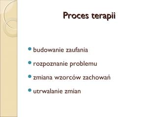 Proces terapii

budowanie

zaufania

rozpoznanie
zmiana

problemu

wzorców zachowań

utrwalanie

zmian

 