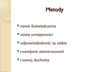 Metody
nowe

doświadczenia

nowe

umiejętności

odpowiedzialność
rozwijanie
rozwój

za siebie

zainteresowań

duchowy

 