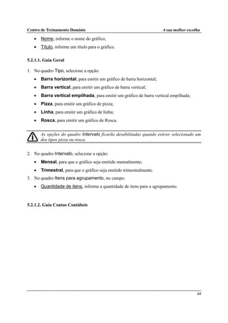 Centro de Treinamento Domínio A sua melhor escolha
44
• Nome, informe o nome do gráfico;
• Título, informe um título para o gráfico.
5.2.1.1. Guia Geral
1. No quadro Tipo, selecione a opção:
• Barra horizontal, para emitir um gráfico de barra horizontal;
• Barra vertical, para emitir um gráfico de barra vertical;
• Barra vertical empilhada, para emitir um gráfico de barra vertical empilhada;
• Pizza, para emitir um gráfico de pizza;
• Linha, para emitir um gráfico de linha;
• Rosca, para emitir um gráfico de Rosca.
As opções do quadro Intervalo ficarão desabilitadas quando estiver selecionado um
dos tipos pizza ou rosca.
2. No quadro Intervalo, selecione a opção:
• Mensal, para que o gráfico seja emitido mensalmente;
• Trimestral, para que o gráfico seja emitido trimestralmente.
3. No quadro Itens para agrupamento, no campo:
• Quantidade de itens, informe a quantidade de itens para o agrupamento.
5.2.1.2. Guia Contas Contábeis
 