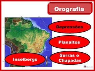 Orografia
Depressões
Planaltos
Serras e
ChapadasInselbergs
 