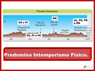 Predomina Intemperismo Físico.
CE e PI
RN
AL, PE, PB
e RN
CE, PI e PE
 