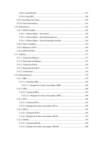 5.9.8.5. Guia DOAR.................................................................................................157
        5.9.8.6. Guia DFC.....................................................................................................158
    5.9.9. Guia Plano de Contas...........................................................................................159
    5.9.10. Guia Abreviaturas..............................................................................................161
5.10. Informativos..............................................................................................................162
    5.10.1. SPED Contábil...................................................................................................162
        5.10.1.1. Outros Dados – Guia Geral .......................................................................164
        5.10.1.2. Outros Dados – Guia Demonstrativos.......................................................164
        5.10.1.3. Outros Dados – Guia Escrituração auxiliar................................................165
    5.10.2. Sinco Contábeis.................................................................................................167
    5.10.3. Balancete ANTT................................................................................................168
    5.10.4. SPED FCONT...................................................................................................170
5.11. Análises.....................................................................................................................171
    5.11.1. Vertical do Balanço...........................................................................................171
    5.11.2. Horizontal do Balanço.......................................................................................172
    5.11.3. Vertical do D.R.E..............................................................................................174
    5.11.4. Horizontal do D.R.E..........................................................................................175
    5.11.5. Coeficientes.......................................................................................................176
5.12. Demonstrativos..........................................................................................................179
    5.12.1. DRE...................................................................................................................179
        5.12.1.1. Estrutura DRE............................................................................................182
            5.12.1.1.1. Relação de Contas Associadas à DRE...............................................184
    5.12.2. DRA...................................................................................................................184
        5.12.2.2. Estrutura DRA...........................................................................................187
            5.12.2.2.1. Relação de Contas Associadas à DRA...............................................188
    5.12.3. DVA...................................................................................................................189
        5.12.3.1. Estrutura DVA...........................................................................................191
        5.12.3.2. Relação de Contas Associadas à DVA......................................................193
    5.12.4. DLPA.................................................................................................................193
        5.12.4.1. Estrutura DLPA..........................................................................................195
        5.12.4.2. Relação de Contas Associadas à DLPA.....................................................197
    5.12.5. DOAR................................................................................................................197
        5.12.5.1. Estrutura DOAR.........................................................................................199
        5.12.5.2. Relação de Contas Associadas à DOAR....................................................200
 