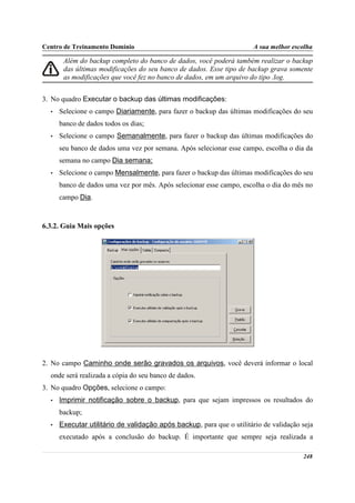 Centro de Treinamento Domínio                                          A sua melhor escolha

       Além do backup completo do banco de dados, você poderá também realizar o backup
       das últimas modificações do seu banco de dados. Esse tipo de backup grava somente
       as modificações que você fez no banco de dados, em um arquivo do tipo .log.


3. No quadro Executar o backup das últimas modificações:
  •   Selecione o campo Diariamente, para fazer o backup das últimas modificações do seu
      banco de dados todos os dias;
  •   Selecione o campo Semanalmente, para fazer o backup das últimas modificações do
      seu banco de dados uma vez por semana. Após selecionar esse campo, escolha o dia da
      semana no campo Dia semana;
  •   Selecione o campo Mensalmente, para fazer o backup das últimas modificações do seu
      banco de dados uma vez por mês. Após selecionar esse campo, escolha o dia do mês no
      campo Dia.



6.3.2. Guia Mais opções




2. No campo Caminho onde serão gravados os arquivos, você deverá informar o local
  onde será realizada a cópia do seu banco de dados.
3. No quadro Opções, selecione o campo:
  •   Imprimir notificação sobre o backup, para que sejam impressos os resultados do
      backup;
  •   Executar utilitário de validação após backup, para que o utilitário de validação seja
      executado após a conclusão do backup. É importante que sempre seja realizada a

                                                                                       248
 