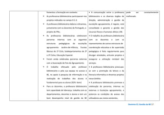 Domínio D| Gestão da BE 17
fomentou a formação em contexto.
As professoras bibliotecárias participaram nos
projetos indicados no campo D.1.3.
A professora bibliotecária elabora e dinamiza,
juntamente com os docentes de Português, o
projeto do PNL;
As professoras bibliotecárias celebraram
parcerias internas com as seguintes
estruturas pedagógicas da escola/do
agrupamento: Jardins-de-Infância, Escolas
Básicas do 1º Ciclo, Subdepartamentos de 2º
e 3º Ciclos, Educação Especial.
Foram ainda celebradas parcerias externas
com a Associação de Pais do Agrupamento.
O trabalho efetuado pelo professor
bibliotecário e pela sua equipa no acesso à
BE, no apoio à pesquisa de informação e na
realização de trabalhos dos alunos é
fundamental para os alunos (92% -bom)
Para os docentes, a professora bibliotecária
tem capacidade de liderança, trabalha com os
departamentos, docentes e alunos e tem um
bom desempenho nível de gestão da BE
• A comunicação entre a professora
bibliotecária e os diversos órgãos de
direção, administração e gestão da
escola/do agrupamento, é regular, está
consolidada e garante a gestão dos
recursos físicos e humanos afetos à BE.
• O trabalho da professora bibliotecária
com os docentes e com os
representantes de outras estruturas de
coordenação educativa e de supervisão
pedagógica é feito regularmente para
divulgar atividades, articular projetos e
assegurar a utilização rentável dos
serviços.
• A professora bibliotecária preocupa-
se com a promoção da leitura e da
literacia informática e dinamiza projetos
nesse âmbito.
• A professora bibliotecária promove a
celebração de parcerias, internas ou
externas à Escola/ao agrupamento, e
potencia as condições do acesso dos
utilizadores aos meios existentes.
pode ser constantemente
melhorado.
 