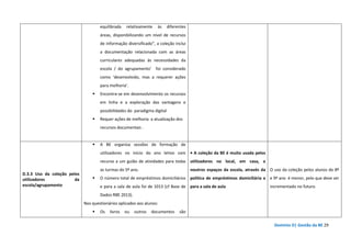 Domínio D| Gestão da BE 29
equilibrada relativamente às diferentes
áreas, disponibilizando um nível de recursos
de informação diversificado”, a coleção inclui
a documentação relacionada com as áreas
curriculares adequadas às necessidades da
escola / do agrupamento’ foi considerado
como ‘desenvolvido, mas a requerer ações
para melhoria’.
Encontra-se em desenvolvimento os recursos
em linha e a exploração das vantagens e
possibilidades do paradigma digital
Requer ações de melhoria a atualização dos
recursos documentais .
D.3.3 Uso da coleção pelos
utilizadores da
escola/agrupamento
A BE organiza sessões de formação de
utilizadores no início do ano letivo com
recurso a um guião de atividades para todas
as turmas do 5º ano.
O número total de empréstimos domiciliários
e para a sala de aula foi de 1013 (cf Base de
Dados RBE 2013).
Nos questionários aplicados aos alunos:
Os livros ou outros documentos são
• A coleção da BE é muito usada pelos
utilizadores no local, em casa, e
noutros espaços da escola, através da
política de empréstimos domiciliária e
para a sala de aula
O uso da coleção pelos alunos do 8º
e 9º ano é menor, pelo que deve ser
incrementado no futuro.
 