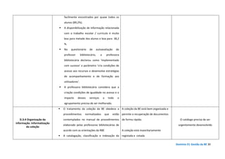 Domínio D| Gestão da BE 30
facilmente encontrados por quase todos os
alunos (89,2%).
A disponibilização de informação relacionada
com o trabalho escolar / currículo é muito
boa para metade dos alunos e boa para 38,2
%.
No questionário de autoavaliação do
professor bibliotecário, a professora
bibliotecária declarou como ‘implementado
com sucesso’ o parâmetro ‘cria condições de
acesso aos recursos e desenvolve estratégias
de acompanhamento e de formação aos
utilizadores’.
A professora bibliotecária considera que a
criação condições de igualdade no acesso e o
impacto desses serviços a todo o
agrupamento precisa de ser melhorado.
D.3.4 Organização da
informação. Informatização
da coleção
O tratamento da coleção da BE obedece a
procedimentos normalizados que estão
contemplados no manual de procedimentos
elaborado pelas professoras bibliotecárias de
acordo com as orientações da RBE
A catalogação, classificação e indexação da
A coleção da BE está bem organizada e
permite a recuperação de documentos
de forma rápida.
A coleção está maioritariamente
registada e cotada
O catálogo precisa de ser
urgentemente desenvolvido
 
