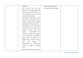 Domínio D| Gestão da BE 44
Storyboxes.
Hora do Conto com teatro de
fantoches: leitura e exploração da obra
“Nunca na vida comerei tomate” no JI
da Dr. João Santos e para os meninos
do JI da EB1/JI Porto Pinheiro;
Hora do Conto e ateliê “Burros” para a
turma do 5º ano do PCA, tendo como
objetivos o desenvolvimento atenção,
da expressão oral e do espírito crítico;
Hora do Conto e ateliê “João Ar Puro
no País do Fumo” com proposta de
atividade de escrita, tendo como
objetivos o desenvolvimento das
competências nucleares de Português,
de CN, o espírito crítico e a criatividade;
Hora do Conto “5 de outubro, Viva a
República” para as turmas do 9º ano,
tendo como objetivos o
desenvolvimento das competências
nucleares de História e o espírito
crítico;
Hora do Conto “Burros” para a turma
Materiais produzidos para o
desenvolvimento das atividades.
 