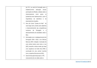 Domínio D| Gestão da BE 45
do 5º E, na aula de Formação para a
Cidadania-tema educação sexual:
promoção da reflexão e debate sobre o
relacionamento entre pares, os
problemas entre adolescentes e pais. A
importância da tolerância e da
expressão das emoções;
Hora do Conto “Lendas do Mar” de
José Jorge Letria, tendo como objetivos
o desenvolvimento das competências
nucleares de Português e o
desenvolvimento de atividades sobre o
Mar;
Articulação com o subdepartamento de
Português (5ºB e 6ºC) e de Ciências
Naturais (6ºC): redação e ilustração de
uma notícia tendo como tema o mar
(6ºC), desenho criativo tendo por base
uma sequência da lenda lida (5ºB) e
construção de uma animal marinho
com a respetiva ficha técnica (5ºE);
Aula de Educação Sexual para o 7ºC:
visionamento de um vídeo sobre o
 