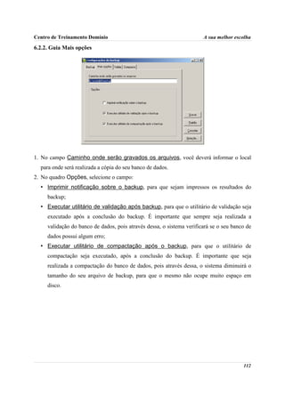 Centro de Treinamento Domínio                                          A sua melhor escolha

6.2.2. Guia Mais opções




1. No campo Caminho onde serão gravados os arquivos, você deverá informar o local
  para onde será realizada a cópia do seu banco de dados.
2. No quadro Opções, selecione o campo:
  • Imprimir notificação sobre o backup, para que sejam impressos os resultados do
     backup;
  • Executar utilitário de validação após backup, para que o utilitário de validação seja
     executado após a conclusão do backup. É importante que sempre seja realizada a
     validação do banco de dados, pois através dessa, o sistema verificará se o seu banco de
     dados possui algum erro;
  • Executar utilitário de compactação após o backup, para que o utilitário de
     compactação seja executado, após a conclusão do backup. É importante que seja
     realizada a compactação do banco de dados, pois através dessa, o sistema diminuirá o
     tamanho do seu arquivo de backup, para que o mesmo não ocupe muito espaço em
     disco.




                                                                                        112
 