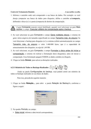 Centro de Treinamento Domínio                                              A sua melhor escolha
1. Informe o caminho onde será compactado o seu banco de dados. Por exemplo: se você
  deseja compactar seu banco de dados para disquetes, defina o caminho a:compacta,
  definindo o disco (a:) e a pasta (compacta) de destino da compactação.


       A guia Compacta somente estará habilitado, quando você selecionar na guia Mais
       opções, o campo Executar utilitário de compactação após o backup.


2. Se você selecionar na guia Compacta o campo Gerar múltiplos discos, o sistema irá
  gerar vários arquivos do tamanho especificado no campo Tamanho máx. do arquivo. Se
  você direcionar o backup para disquetes (a:) o sistema exibirá automaticamente no campo
  Tamanho máx. do arquivo o valor 1.440.000 bytes, que é a capacidade de
  armazenamento dos disquetes, ou seja de 1,44 Mb.
3. Se você selecionar, na guia Compacta, o campo Formatar o disco antes de iniciar a
  compactação, o sistema irá realizar a formatação do(s) disquete(s), antes de iniciar a
  compactação. Essa formatação apagará TODOS os dados contidos no disquete.
4. Clique no botão Gravar, para salvar as alterações realizadas.



6.2.5. Relatório de Todos os Backups Realizados

         Ainda na janela Configurações do backup, você poderá emitir um relatório de
todos os backups realizados no seu banco de dados.

        Para isso, proceda da seguinte maneira:

1. Clique no botão Relação..., para abrir a janela Relação de Backup´s, conforme a
  figura a seguir:




2. No quadro Período, no campo:
  • Data inicial, informe a data inicial correspondente;

                                                                                           114
 