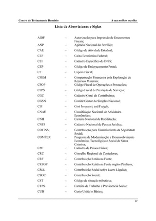 Centro de Treinamento Domínio A sua melhor escolha
11
Lista de Abreviaturas e Siglas
AIDF – Autorização para Impressão de Documentos
Fiscais;
ANP – Agência Nacional do Petróleo;
CAE – Código de Atividade Estadual;
CEF – Caixa Econômica Federal;
CEI – Cadastro Específico do INSS;
CEP – Código de Endereçamento Postal;
CF – Cupom Fiscal;
CFEM – Compensação Financeira pela Exploração de
Recursos Minerais;
CFOP – Código Fiscal de Operações e Prestações;
CFPS – Código Fiscal de Prestação de Serviços;
CGC – Cadastro Geral do Contribuinte;
CGSN – Comitê Gestor do Simples Nacional;
CIF – Cost Insurance and Freight;
CNAE – Classificação Nacional de Atividades
Econômicas;
CNH – Carteira Nacional de Habilitação;
CNPJ – Cadastro Nacional de Pessoa Jurídica;
COFINS – Contribuição para Financiamento da Seguridade
Social;
COMPEX – Programa de Modernização e Desenvolvimento
Econômico, Tecnológico e Social de Santa
Catarina;
CPF – Cadastro de Pessoa Física;
CRC – Conselho Regional de Contadores;
CRF – Contribuição Retida na Fonte;
CRFOP – Contribuição Retida na Fonte órgãos Públicos;
CSLL – Contribuição Social sobre Lucro Líquido;
CSOC – Contribuição Social;
CST – Código de situação tributária;
CTPS – Carteira de Trabalho e Previdência Social;
CUB – Custo Unitário Básico;
 