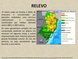 RELEVO
O relevo onde se localiza a Mata de
Araucária é caracterizado por
planaltos ondulados com terrenos
sedimentares e basálticos,
constituídos por médias altitudes
(entre 800 e 1.300 metros.
Os solos apresentam variação em sua
composição, podendo ser pobres em
minerais em algumas áreas, e outras
(representadas pela maioria) possuem
grande fertilidade natural. Os rios são
perenes, ou seja, apresentam água
durante o ano inteiro.
Fonte:http://ambientes.ambientebrasil.com.br/natural/biomas/floresta_com_araucaria_(mata_de_pinhais).html. Acesso: 22/11/2015
 