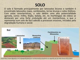 SOLO
O solo é formado principalmente por latossolos brunos e também é
encontrado latossolos roxos, cambissolos, terras brunas e solos litólicos.
Com estas características, o solo detém uma alta potencialidade
agrícola, como: milho, feijão, batata, etc. As morfologias do relevo se
destacam por uma forte ondulação até um montanhoso, o que o
representa num solo de fácil adesão a processos erosivos, iniciados pela
degradação humana e social.
Fonte:https://www.algosobre.com.br/geografia/dominios-morfloclimaticos-brasileiros-os-segundo-aziz-ab-saber.Acesso:24/11/2015
 
