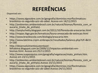 REFERÊNCIAS
• https://www.algosobre.com.br/geografia/dominios-morfloclimaticos-
brasileiros-os-segundo-aziz-ab-saber. Acesso em 14/11/2015
• http://ambientes.ambientebrasil.com.br/natural/biomas/floresta_com_ar
aucaria_(mata_de_pinhais).
• http://tanyluchetty.blogspot.com.br/2011/10/floresta-de-araucarias.html
• http://mapas.ibge.gov.br/tematicos/fauna-ameacada-de-extincao.html
• http://www.brasilescola.com/biologia/araucaria.htm
• http://www.bdclima.cnpm.embrapa.br/resultados/balanco.php?UF=&CO
D=166
• http://desenvolvimentosustentavel-
fefralema.blogspot.com.br/2009/12/impactos-ambientais-em-
biomas.html. Acesso em:25/11/2015
• http://www.suapesquisa.com/geografia/vegetacao/mata_pinhais.htm.
Acesso em 23/11/2015
• http://ambientes.ambientebrasil.com.br/natural/biomas/floresta_com_ar
aucaria_(mata_de_pinhais).Acesso 23/11/2015
• https://www.algosobre.com.br/geografia/dominios-morfloclimaticos-
brasileiros-os-segundo-aziz-ab-saber.Acesso:24/11/2015
Disponível em:
 