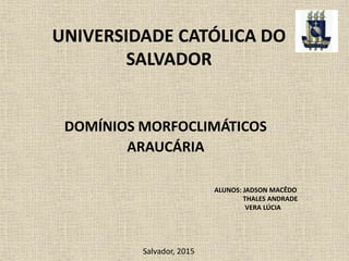 UNIVERSIDADE CATÓLICA DO
SALVADOR
DOMÍNIOS MORFOCLIMÁTICOS
ARAUCÁRIA
ALUNOS: JADSON MACÊDO
THALES ANDRADE
VERA LÚCIA
Salvador, 2015
 