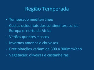Região Temperada Temperado mediterrâneo Costas ocidentais dos continentes, sul da Europa e  norte da África Verões quentes e secos Invernos amenos e chuvosos Precipitações variam de 300 a 900mm/ano Vegetação: oliveiras e castanheiras 