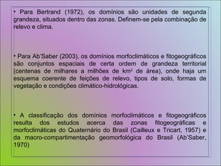 Para Bertrand (1972), os domínios são unidades de segunda grandeza, situados dentro das zonas. Definem-se pela combinação de relevo e clima.  Para Ab’Saber (2003), os domínios morfoclimáticos e fitogeográficos são conjuntos espaciais de certa ordem de grandeza territorial (centenas de milhares a milhões de km 2  de área), onde haja um esquema coerente de feições de relevo, tipos de solo, formas de vegetação e condições climático-hidrológicas. A classificação dos domínios morfoclimáticos e fitogeográficos resulta dos estudos acerca das zonas fitogeográficas e morfoclimáticas do Quaternário do Brasil (Cailleux e Tricart, 1957) e da macro-compartimentação geomorfológica do Brasil (Ab’Saber, 1970) 