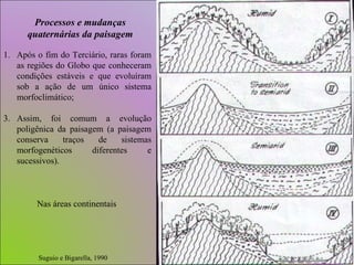 Suguio e Bigarella, 1990  Nas áreas continentais Após o fim do Terciário, raras foram as regiões do Globo que conheceram condições estáveis e que evoluíram sob a ação de um único sistema morfoclimático; Assim, foi comum a evolução poligênica da paisagem (a paisagem conserva traços de sistemas morfogenéticos diferentes e sucessivos). Processos e mudanças quaternárias da paisagem 
